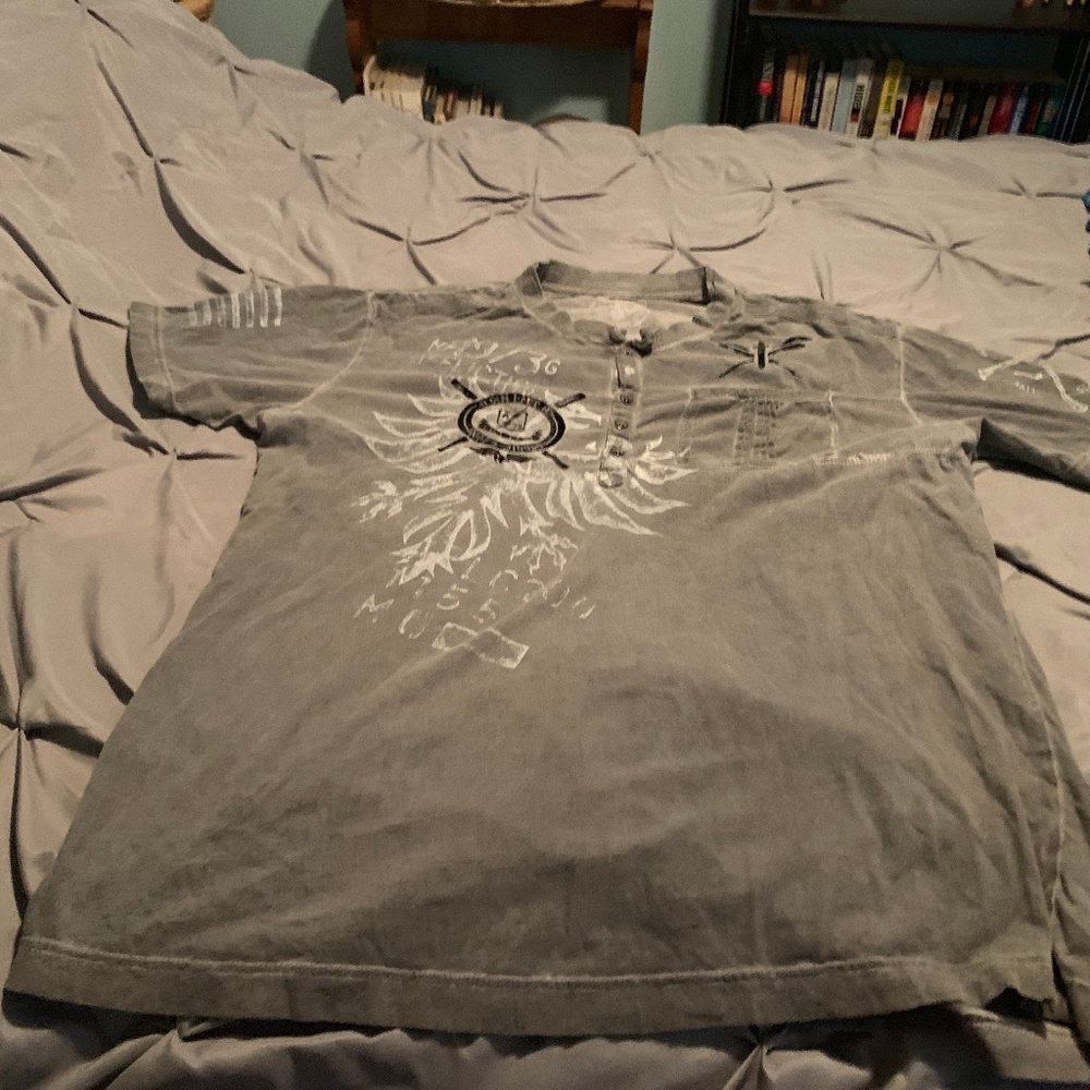 AFFLICTION Men's Gray Short Sleeve Shirt. Size 2XL
